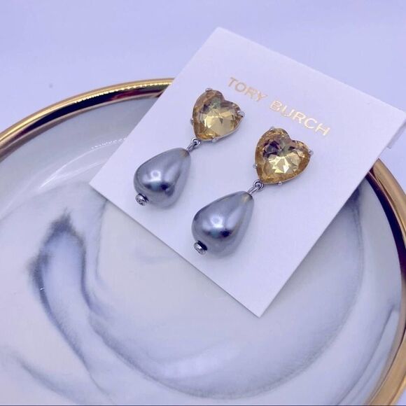 NWOT Tory Burch Silver Citrine Crystal Gray Pearl Dangle Stud Earrings - Picture 3 of 10